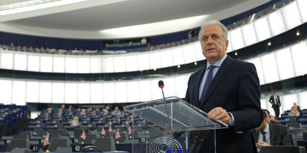 EU Commissioner for Migration and Home Affairs Dimitris Avramopoulos addresses the European Parliament during a debate on refugee emergency, external borders control and the future of Schengen in Strasbourg, France, February 2, 2016. REUTERS/Vincent Kessler