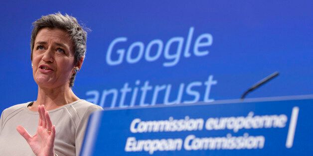 European Union's competition chief Margrethe Vestager speaks during a media conference regarding Google at EU headquarters in Brussels on Wednesday, April 15, 2015. The European Union's executive hit Google with an official antitrust complaint on Wednesday that alleges the company abuses its dominance in Internet searches and also opened a probe into its Android mobile system. (AP Photo/Virginia Mayo)