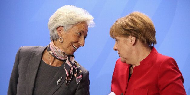 BERLIN, GERMANY - APRIL 05: Christine Lagarde, director of the International Monetary Fund (L), and German Chancellor Angela Merkel (CDU) attend a press conference in the German federal Chancellery on April 5, 2016 in Berlin, Germany. Heads of the world's leading economic and financial organizations met with the German chancellor to discuss several current issues including the bodies' role in the ongoing financial crisis in Greece, international corruption, the political situation in Ukraine, and the role of refugees in the future European economy. (Photo by Adam Berry/Getty Images)