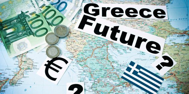 'Map of Greece with EURO Banknotes,Coins,symbols, the words, greece and future - tinted blue'