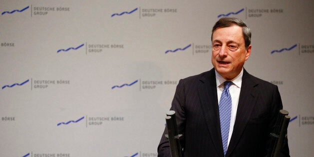 The President of the European Central Bank (ECB) Mario Draghi speaks during the new year's reception of Deutsche Boerse (German stock exchange ) at their headquarters in Eschborn, outside Frankfurt, Germany, January 25, 2016. REUTERS/Kai Pfaffenbach