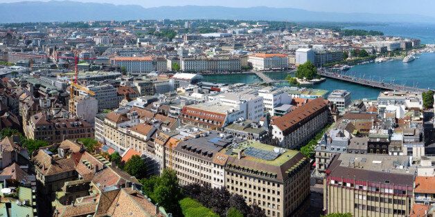 An aerial view over the city of Geneva, Switzerland.