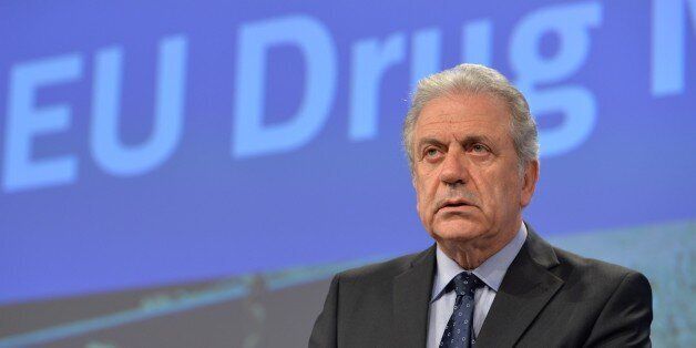 BRUSSELS, BELGIUM - APRIL 5: Dimitris Avramopoulos, European Commissioner for Migration, Home Affairs and Citizenship, delivers a speech during a press conference held to announce the 2016 EU Drug Markets Report in Brussels, Belgium on April 5, 2016. Europol director Rob Wainwright, Alexis Goosdeel, EMCDDA Director, attended the conference. (Photo by Dursun Aydemir/Anadolu Agency/Getty Images)