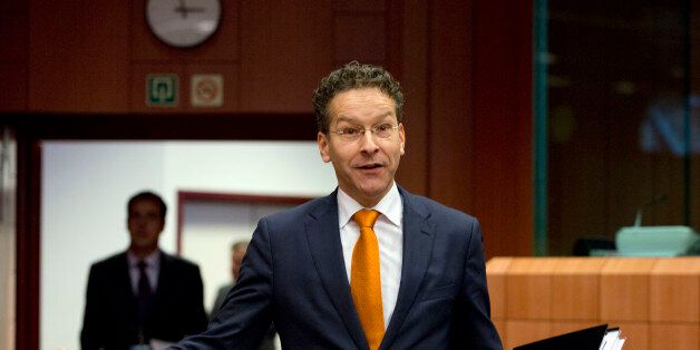 Dutch Finance Minister Jeroen Dijsselbloem gestures as he arrives for a meeting of eurogroup finance ministers at the EU Council building in Brussels on Thursday, Jan. 14, 2016. Finance ministers from the nations using the euro met in Brussels Thursday to discuss progress on Greeceâs economic reform program and the results of a review of measures taken by Cyprus to bring its budget into line.(AP Photo/Virginia Mayo)