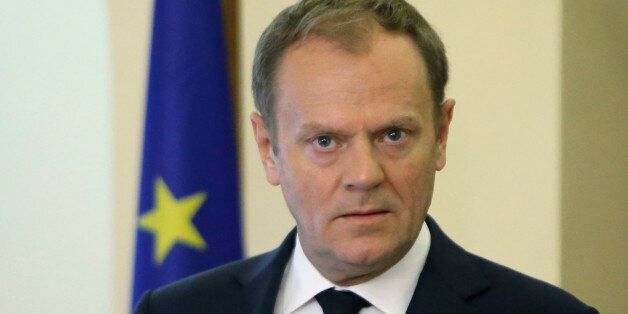 European Council President Donald Tusk attends a news conference after the meeting with Cyprus' President Nicos Anastasiades at the Presidential Palace in Nicosia, Cyprus March 15, 2016. REUTERS/Petros Karadjias/Pool