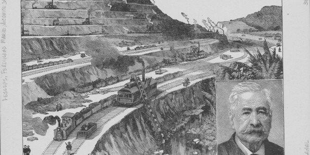 Engraving depicting the construction of the Panama Canal, and a portrait of the original French developer Ferdinand de Lesseps, circa 1881-1894. (Photo by Kean Collection/Archive Photos/Getty Images)