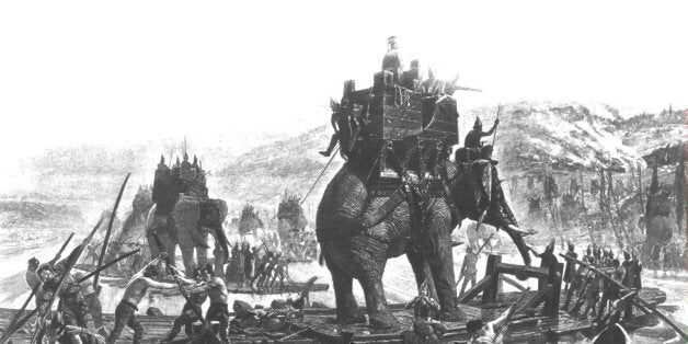 One of the great military leaders of history, the Carthagenian general Hannibal began the Punic Wars with the Roman Empire in 218 BC after conquering most of Europe en route from Spain to Italy with his elephants and army. Famously crossing the Pyrenees, the Rhone (where he possibly employed rafts to ferry his elephants) and the Alps, he was forced to return to Africa in 203 after defeating the Roman army in every engagement without reaching his goal of Rome. (Print by Hulton Archive/Getty Images)