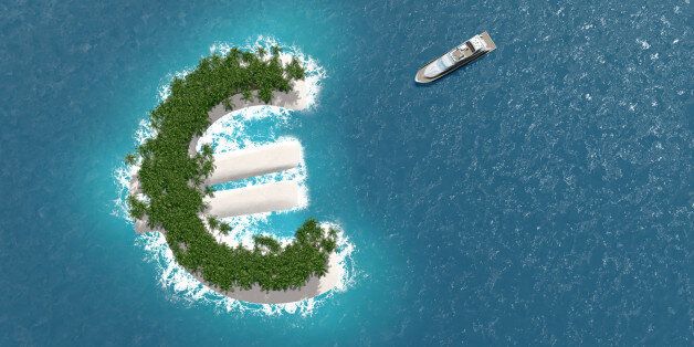 Tax haven, financial or wealth evasion on a euro shaped island. A luxury boat is sailing to the island.