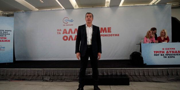 Stavros Theodorakis, leader of the political party To Potami (The River) talks during a news conference in central Athens, Wednesday, Jan. 21, 2015. To Potami was founded last February by Theodorakis, a Greek popular TV journalist. Weekend opinion polls showed Potami will be the third party.Greek voters go to the polls on Sunday as the popular left-wing Syriza party is poised to defeat conservative Prime Minister Antonis Samaras according the last opinion polls. (AP Photo/Lefteris Pitarakis)