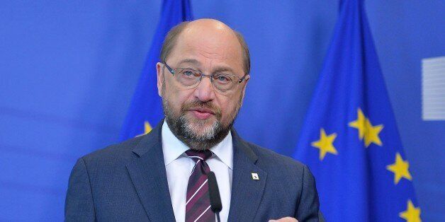 BRUSSELS, BELGIUM - MARCH 17: European Parliament President Martin Schulz delivers a speech during a joint press conference with European Commission President Jean-Claude Juncker (not seen) after their bilateral meeting in Brussels, Belgium on March 17, 2016. (Photo by Dursun Aydemir/Anadolu Agency/Getty Images)