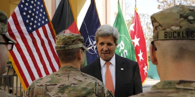 U.S. Secretary of State John Kerry meets U.S. military personnel at Resolute Support Headquarters in Kabul April 9, 2016. REUTERS/Jonathan Ernst