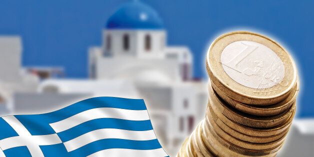 Grexit, Euro coins, flag, Greece, Santorini