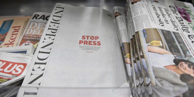 Copies of the final print edition of The Independent newspaper are seen on sale at a newsagents in west London, Britain, March 26, 2016. REUTERS/Toby Melville