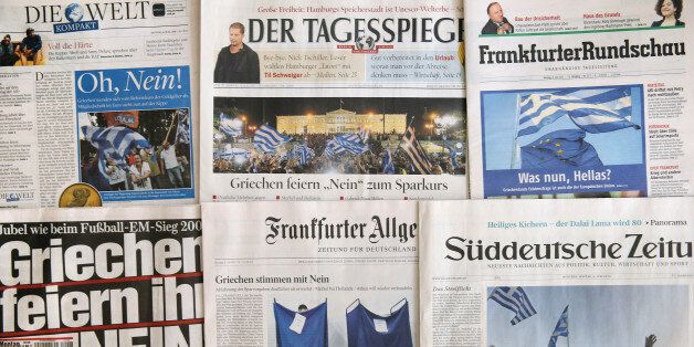 BERLIN, GERMANY - JULY 06: In this arrangement of German daily newspapers the 'No' vote in yesterday's Greek referendum dominates the front pages on July 6, 2015 in Berlin, Germany. Greeks voted in a strong majority against the reform plan proposed by the troika of the European Central Bank, the International Monetary Fund and the European Commission in a move that many fear will lead to a departure by Greece from the Eurozone. (Photo by Sean Gallup/Getty Images)