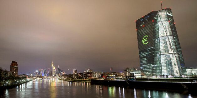 FRANKFURT AM MAIN, GERMANY - MARCH 12: Under the motto ÃUnited in diversityÃ the ECB buildings is illuminated by a 'symphony of light' based on Ludwig van BeethovenÃs ÃOde to JoyÃ on March 12, 2016 in Frankfurt am Main, Germany. Up to 200 lighting events transform Frankfurt and Offenbach/Main into an international metropolis of light from 13. to 18.3.2016. In showrooms, galleries, museums, churches, stations, parks and in other, more unusual places, exhibitors at Light + Building trade fair, lighting designers, architects, artists and various initiatives and action groups will be presenting their innovative lighting projects at Luminale 2016, the eighth Ã¢Biennale' of Lighting Culture. (Photo by Thomas Lohnes/Getty Images)