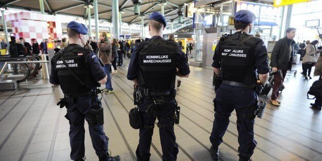 The military police carries extra patrols at Schiphol Airport in Amsterdam, on March 22, 2016 in response to the attacks in the departure hall of Brussels Airport and at a Brussels metro station. / AFP / ANP / Evert Elzinga / Netherlands OUT (Photo credit should read EVERT ELZINGA/AFP/Getty Images)