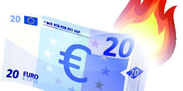 Vector illustration of a cartoon euro bill burning, symbolizing crash of european economy area, debt crisis and economic depression. File is EPS10 and uses overlay and multiply transparency. Imaginary specimen with simplified graphics. Vector eps and high resolution jpeg files included