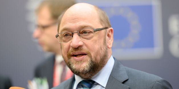 European Parliament President Martin Schulz speaks to the press upon arrival for an EU summit meeting, at the European Union headquarters in Brussels, on February 18, 2016. EU leaders head into a make-or-break summit sharply divided over difficult compromises needed to avoid Britain becoming the first country to crash out of the bloc. AFP PHOTO / THIERRY CHARLIER / AFP / THIERRY CHARLIER (Photo credit should read THIERRY CHARLIER/AFP/Getty Images)