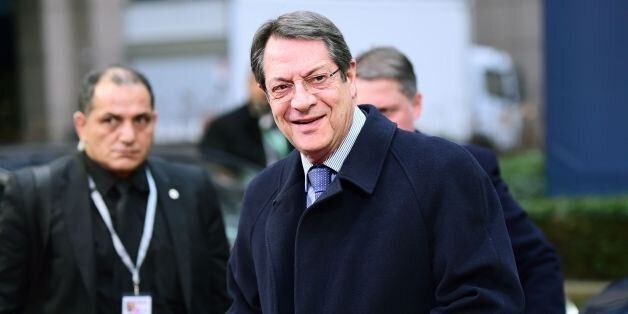 Cyprus' President Nicos Anastasiades arrives for an EU summit meeting, at the European Union headquarters in Brussels, on February 18, 2016. EU leaders head into a make-or-break summit sharply divided over difficult compromises needed to avoid Britain becoming the first country to crash out of the bloc. AFP PHOTO / EMMANUEL DUNAND / AFP / EMMANUEL DUNAND (Photo credit should read EMMANUEL DUNAND/AFP/Getty Images)