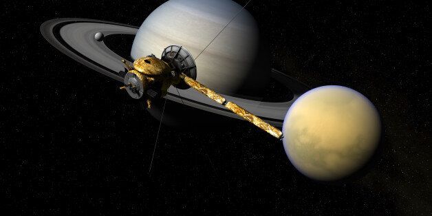 Cassini moving over Titan, Enceladus and Saturn. Rendered with Autodesk Maya, composited in Adobe Photoshop.Cassini Model: Brian Kumanchik, Christian Lopez. NASA/JPL-Caltech. Migrated to Maya & materials updated by Kevin M. Gill