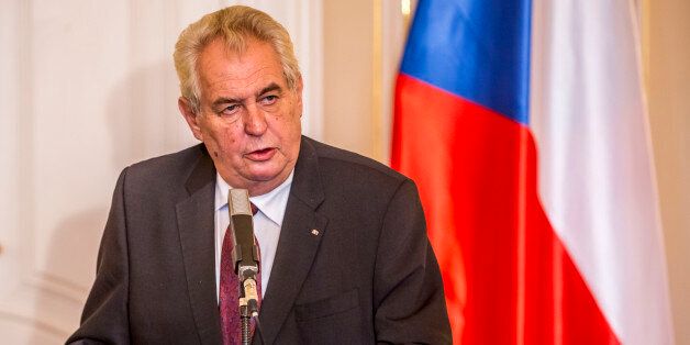 PRAGUE, CZECH REPUBLIC - OCTOBER 21: Czech President Milos Zeman attends a press conference with Israeli President Reuven Rivlin (unseen) at the Prague Castle on October 21, 2015 in Prague, Czech Republic. Israeli President Reuven Rivlin is in the Czech Republic for a four-day official visit. (Photo by Matej Divizna/Getty Images)