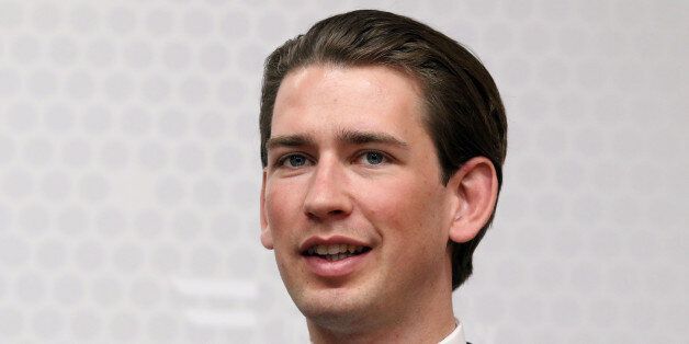 Austrian Foreign Minister Sebastian Kurz addresses the media after his talks with Spanish Foreign Minister Jose Manuel Garcia-Margallo at the foreign ministry in Vienna, Austria, Monday, May 11, 2015. (AP Photo/Ronald Zak)