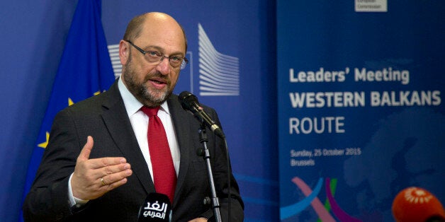 European Parliament President Martin Schultz speaks as he arrives for an EU summit at EU headquarters in Brussels on Sunday, Oct. 25, 2015. EU leaders meet on Sunday to discuss refugee flows along the Western Balkans route. (AP Photo/Virginia Mayo)