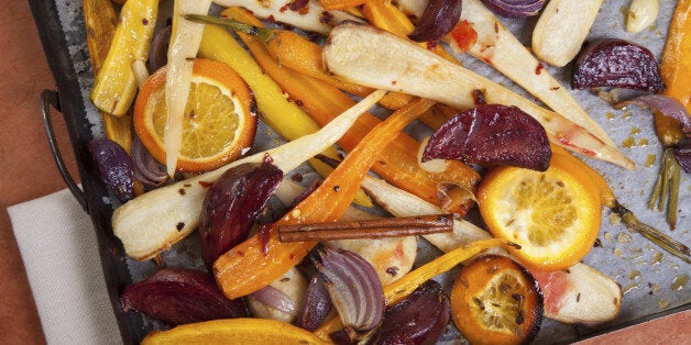 root vegetables baked in the oven with olive oil and spices and herbs