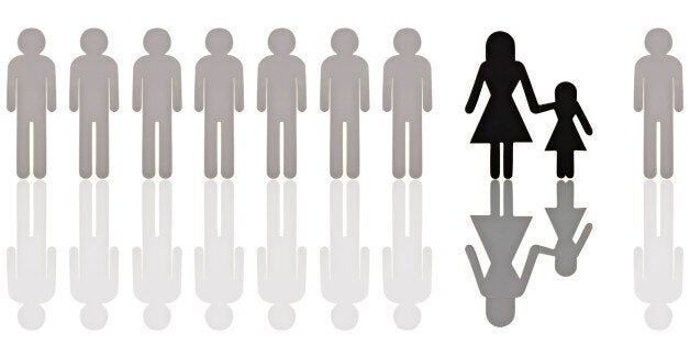 Row of grey male pictogram figures with a single black female figure with a child, symbolic image for discrimination in employment because of a child