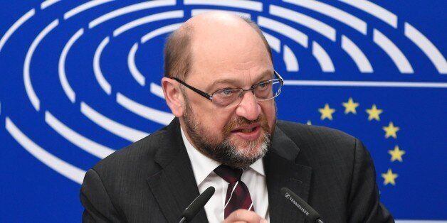 European Parliament President Martin Schulz gives a press conference after a meeting with Britain's Prime minister David Cameron (not pictured) on February 16, 2016 at EU headquarters in Brussels. / AFP / JOHN THYS (Photo credit should read JOHN THYS/AFP/Getty Images)