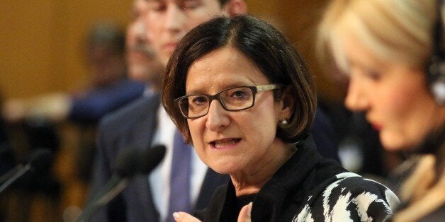 Austrian Interior Minister Johanna Mikl-Leitner informs the press during the western Balkans conference in Vienna, Austria, Wednesday, Feb. 24, 2016. Austria wants not only to crimp the influx of migrants pouring into Europe but to fully stop it, its interior minister declared Wednesday as she convened a meeting of ministers from Western Balkan nations. Greece â which was not invited â blasted the gathering as