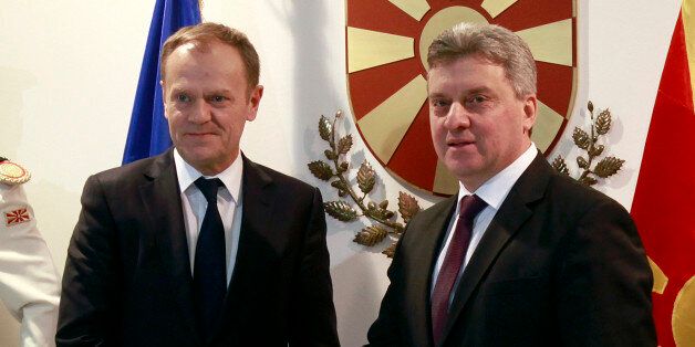 European Council President Donald Tusk, left, meets Macedonian President Gjorge Ivanov at the presidential office in Skopje, Macedonia, Wednesday, March 2, 2016. Tusk is on a visit to Austria, Slovenia, Croatia, Macedonia, Greece and Turkey, seeking common ground on the migration crisis ahead of the March 7th EU summit. (AP Photo/Boris Grdanoski)