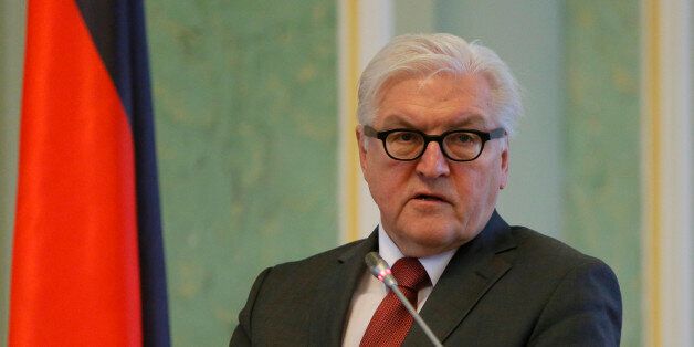 German Foreign Minister Frank-Walter Steinmeier speaking during news conference in Kiev, Ukraine, Tuesday, Feb. 23 2016. The foreign ministers of France and Germany are on a visit to the Ukrainian capital and have expressed concern about political tensions that are impeding reform efforts and about the persisting conflict in eastern Ukraine. (AP Photo/Sergei Chuzavkov)