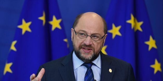 European Parliament President Martin Schulz gives a joint press after their bilateral meeting with European Commission President Jean-Claude Juncker (unseen) at the EU Headquarters in Brussels on February 18, 2016. / AFP / JOHN THYS (Photo credit should read JOHN THYS/AFP/Getty Images)
