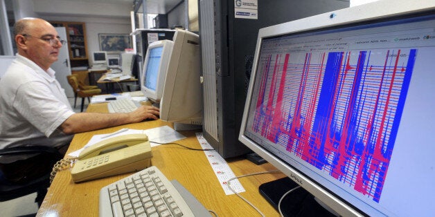 A graphic presentation of temblors in southeastern Macedonia are shown on a screen at the seismological observatory in Macedonia's capital Skopje on Monday, May 25, 2009. The quake, with an epicenter near the southeastern Macedonian town of Valandovo on the border with Greece, measured 5.1 on the Richter scale, struck on Sunday evening. No casualties were reported but dozens of houses in the area had been damaged, said an official of Macedonia's National Crises Center. (AP Photo/Boris Grdanoski