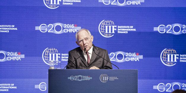 Wolfgang Schauble, Germany's finance minister, speaks during the Institute of International Finance G-20 Conference in Shanghai, China, on Friday, Feb. 26, 2016. The conference runs through Feb. 26. Photographer: Qilai Shen/Bloomberg via Getty Images
