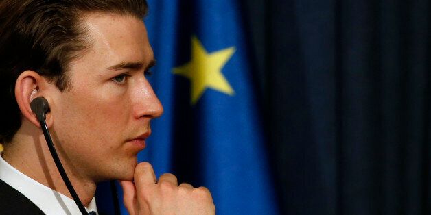 Austria's Foreign Minister Sebastian Kurz listens to a question during a press conference after a meeting with Serbian Prime Minister Aleksandar Vucic, in Belgrade, Serbia, Tuesday, Feb. 9, 2016. Kurz is on a two-day official visit to Serbia. (AP Photo/Darko Vojinovic)