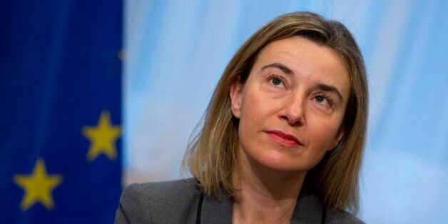 European Union High Representative Federica Mogherini participates in a handover ceremony of the EU membership Application with Bosnia Herzegovina at the EU Council building in Brussels on Monday, Feb. 15, 2016. (AP Photo/Virginia Mayo)