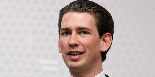 Austrian Foreign Minister Sebastian Kurz addresses the media after his talks with Spanish Foreign Minister Jose Manuel Garcia-Margallo at the foreign ministry in Vienna, Austria, Monday, May 11, 2015. (AP Photo/Ronald Zak)