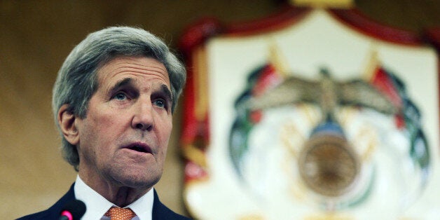 AMMAN, JORDAN- FEBRUARY 21: U.S. Secretary of Sate John Kerry holds a press conference with Jordanian Foreign Minister Nasser Judeh on February 21, 2016 in Amman, Jordan. While in Ammnan. Kerry announced that a ceasefire in Syria cound begin inteh coming days. (Photo by Jordan Pix/ Getty Images)