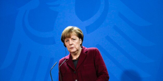 German Chancellor Angela Merkel attends a joint press conference with Iraqi Prime Minister Haider al-Abadi at the chancellery in Berlin, Thursday, Feb. 11, 2016. (AP Photo/Markus Schreiber)