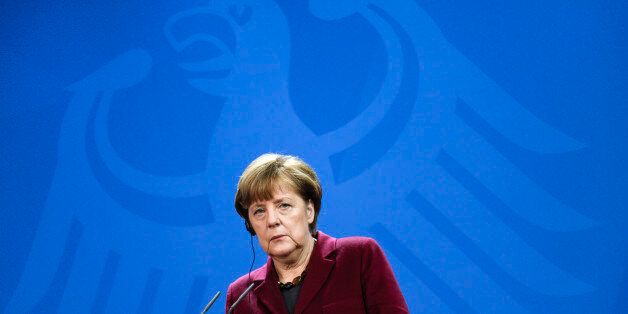 German Chancellor Angela Merkel attends a joint press conference with Iraqi Prime Minister Haider al-Abadi at the chancellery in Berlin, Thursday, Feb. 11, 2016. (AP Photo/Markus Schreiber)
