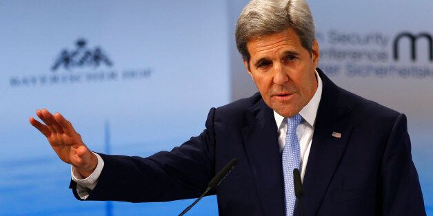 U.S. Secretary of State, John Kerry, gestures during his speech at the Security Conference in Munich, Germany, Saturday, Feb. 13, 2016. (AP Photo/Matthias Schrader)
