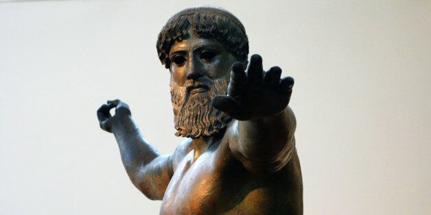 Artemision Zeus or Poseidon, c. 460 B.C.E., bronze, 2.09 m high, Early Classical (Severe Style), recovered from a shipwreck off Cape Artemision, Greece in 1928 (National Archaeological Museum, Athens)