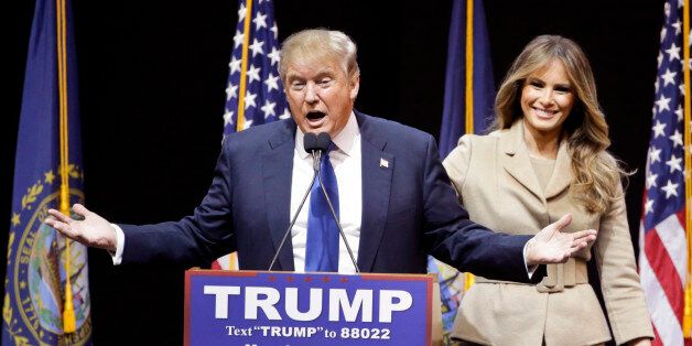 Republican presidential candidate, businessman Donald Trump introduces his wife Melania during a campaign rally Monday, Feb. 8, 2016, in Manchester, N.H. (AP Photo/David Goldman)