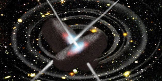 An artistic impression of colliding black holes and the resulting gravitational waves, which were predicted by Einstein's Theory of General Relativity.