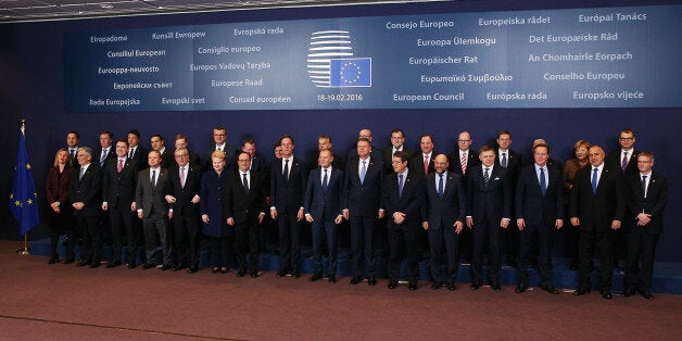 BRUSSELS, BELGIUM - FEBRUARY 18: Back Row L-R Luxembourg Prime minister Xavier Bettel, Latvian Prime Minister Maris Kucinskis, Italian Prime minister Matteo Renzi, Greek Prime minister Alexis Tsipras, Irish Prime Minister Enda Kenny, Croatian Prime Minister Tihomir Oreskovic, Danish Prime Minister Lars Lokke Rasmussen, Polish Prime Minister Beata Maria Szydlo, Hungarian Prime Minister Viktor Orban, Belgian Prime Minister Charles Michel, Spanish Prime Minister Mariano Rajoy, Swedish Prime Minister Stefan Lofven, Czech Republic Prime Minister Bohuslav Sobotka, Slovenia's Prime minister Miro Cerar, Portuguese Prime Minister Antonio Costa, German Chancellor Angela Merkel and Finnish Prime Minister Juha Sipila.Front Row L-R EU's High representative for foreign affairs and security policy Federica Mogherini, Austrian Chancellor Werner Faymann, Estonian Prime minister Taavi Roivas, Maltese Prime Minister Joseph Muscat, European Commission President Jean-Claude Juncker, Lithuanian President Dalia Grybauskaite, French President Francois Hollande, Netherland Prime Minister Mark Rutte, European Council President Donald Tusk, Romanian President Klaus Iohannis, Cypriot President Nicos Anastasiades, European Parliament President Martin Schulz, Slovakian Prime Minister Robert Fico, British Prime Minister David Cameron, Bulgarian Prime minister Boyko Borissov an The Secretary-General of the Council of the European Union Jeppe Tranholm-Mikkelsen gather for a group photograph at the Council of the European Union on February 18, 2016 in Brussels, Belgium. Most of Europe's 28 member state leaders are gathering in Brussels to take part in a crucial summit and vote on British Prime Minister David Cameron's pledge to renegotiate the terms of Britain's membership in the EU, namely proposals to limit benefits for migrant workers. A referendum on whether Great Britain will stay in or leave the European Union is to be held before the end of 2017, though many expect it to take place in June