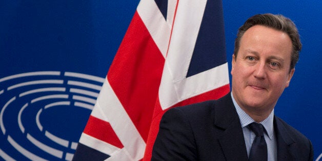 British Prime Minister David Cameron arrives for a meeting with European Parliament President Martin Schultz and leaders of political parties at the European Parliament in Brussels on Tuesday, Feb. 16, 2016. David Cameron is visiting EU leaders two days ahead of a crucial EU summit. (AP Photo/Virginia Mayo)