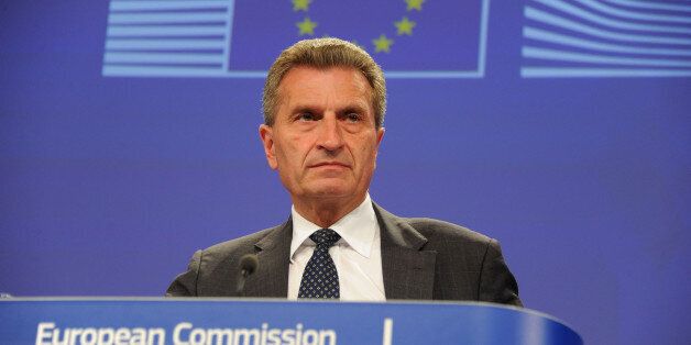 BRUSSELS, BELGIUM - JUNE 11: European Union (EU) Energy Commissioner GÃ¼nther Oettinger listens during the press conference about trilateral energy meeting in Brussels, Belgium on June 11, 2014. (Photo by Dursun Aydemir/Anadolu Agency/Getty Images)