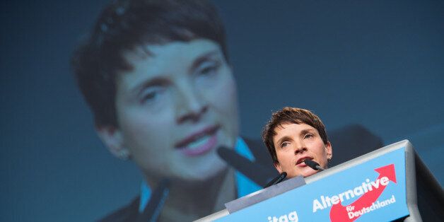 HANOVER, GERMANY - NOVEMBER 28: Chairwoman Frauke Petry delivers her speech during the AfD (Alternative fuer Deutschland) federal party congress on November 28, 2015 in Hanover, Germany. The AFD aims to enter three new state parliaments in 2016 by luring conservative voters angry with Chancellor Angela Merkel's open-door asylum policy. This weekend the party will outline its plan to bring order to what it calls the 'asylum chaos.' (Photo by Nigel Treblin/Getty Images)